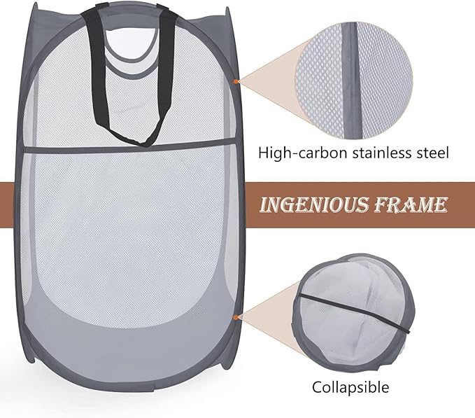 HOUSE AGAIN 2 Pcs Pop Up Laundry Hamper, Strong Mesh Laundry Baskets Collapsible, Hamper with Handles and Side Pocket, Portable Foldable Dirty Clothes for Dorm, Laundry room and Travel Storage, Grey-NeatNest