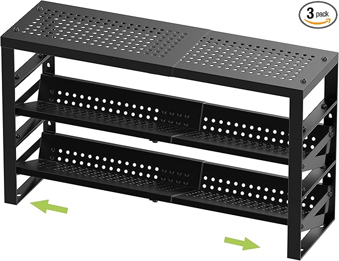 Expandable, Stackable, Adjustable Spice Rack Kitchen Organizer,Metal Pantry Storage Shelves - Multi-Tier Shelf for Cabinet, Countertop, Pantries, Cupboard or Wall Mount,Black-NeatNest