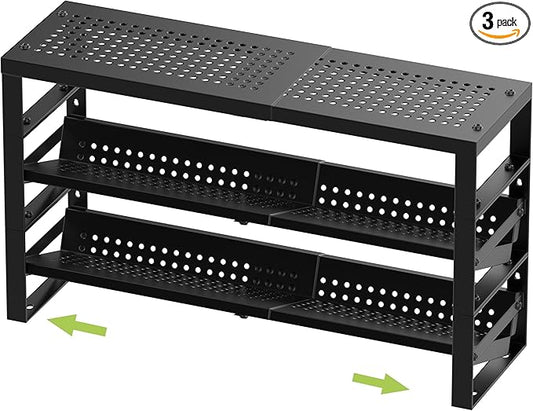 Expandable, Stackable, Adjustable Spice Rack Kitchen Organizer,Metal Pantry Storage Shelves - Multi-Tier Shelf for Cabinet, Countertop, Pantries, Cupboard or Wall Mount,Black-NeatNest
