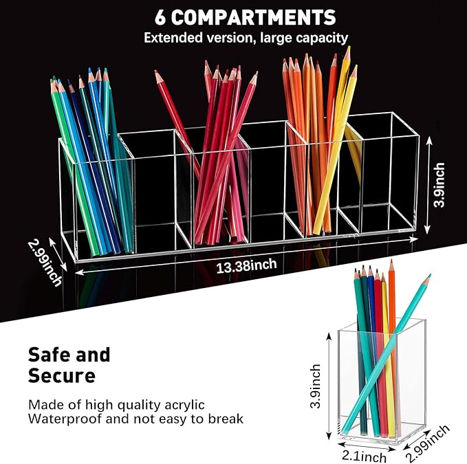 Jetec Acrylic Pen Holder 6 Compartments Makeup Brush Stationery Organizer Pencil Holder for Desk Accessories, Cosmetic Brushes, Dorm, Home, Bathroom, Kitchen, Office Supplies(Clear)-NeatNest