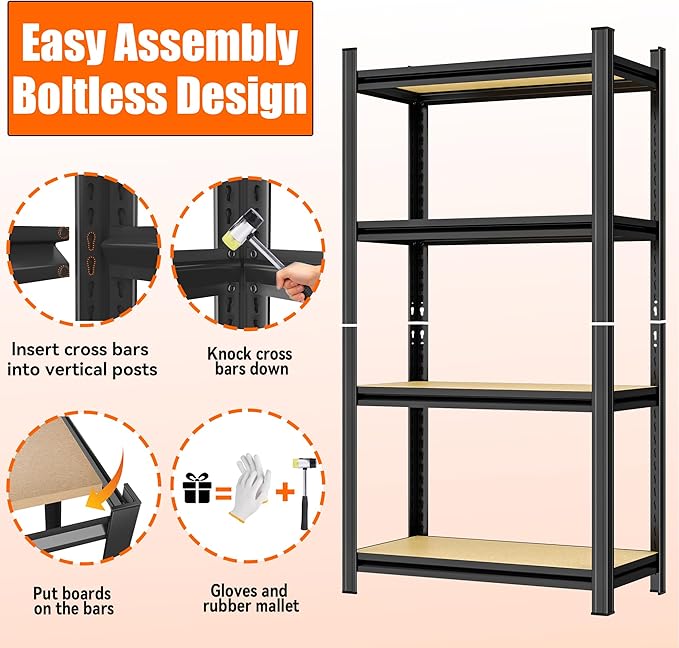 Garage Shelving, 4-Tier Adjustable Storage Shelves, Metal & Wood Pantry Shelf Organizer, Modern Garage Shelving Unit, Utility Storage, (Wood 45.7" H x 23.6" W x 11.8D)-NeatNest