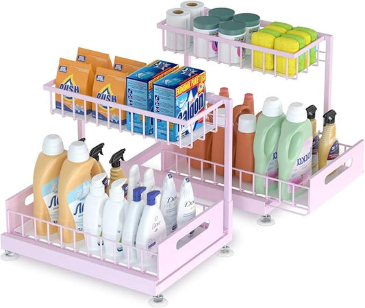 2 Pack Under Sink Organizer Storage 2-Tier Premium Metal Pull-Out Racks, Height Adjustable, Easy Installation | Kitchen & Bathroom Organizers-NeatNest