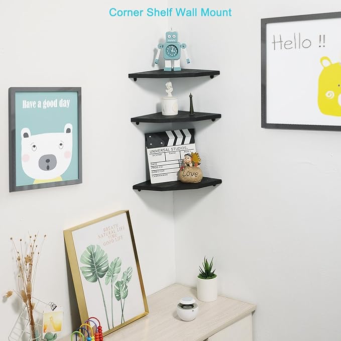 Joiishom Corner Wall Shelf Set of 3, Floating Corner Shelves, Rustic Wood Wall Storage Display Shelves for Living Room, Bedroom, Bathroom, Kitchen (Fanshaped-Black)-NeatNest