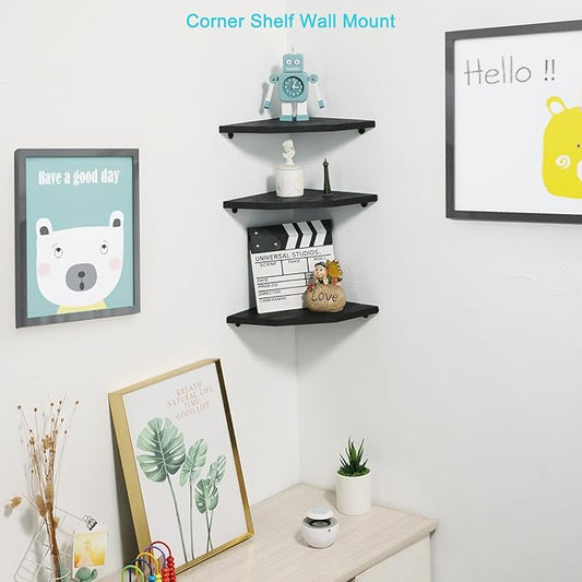 Corner Wall Shelves, Wood Corner Floating Shelves with Cable Raceway, Wall Mount Storage Display for TV Accessories, Monitor, Speaker, Cable Box, Game Console (Black, Diamond- 10 Inch)-NeatNest