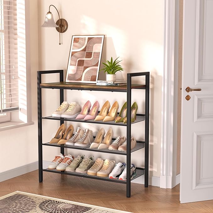Shoe Rack for Front Door Entrance, 4 Tier Shoe Rack for Entryway, 12-16 Pairs of Shoes, Metal Shoe Rack Organizer, Free Standing Shoe Rack for Closet (Black+Rustic Brown)-NeatNest