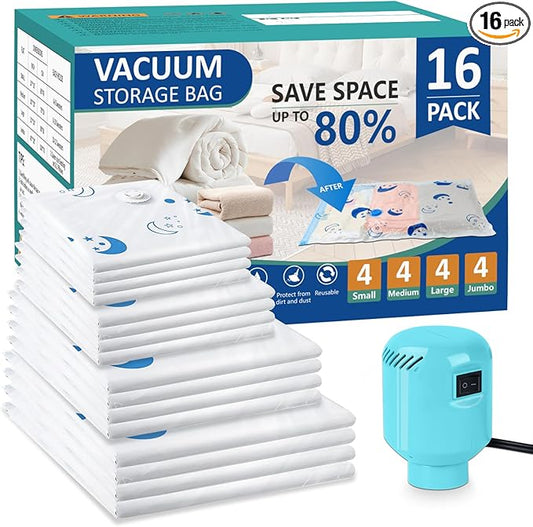 Vacuum Seal Bags for Clothing with Electric Pump,16 Pack Space Saver Bags (4 Jumbo, 4 Large, 4 Medium, 4 Small) Vacuum Storage Bags for Travel,Bedding,Blankets-NeatNest