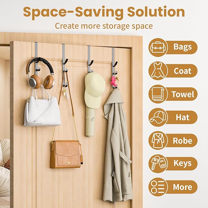 Over The Door Hooks Hanger,Over The Door Towel Hook Organizer Hanging for Coat Clothes Backpack hat Purse Metal Towel Rack Back of Shower for Bathroom,Dorm,Bedroom,Kitchen,Office Closet Black-4Packs