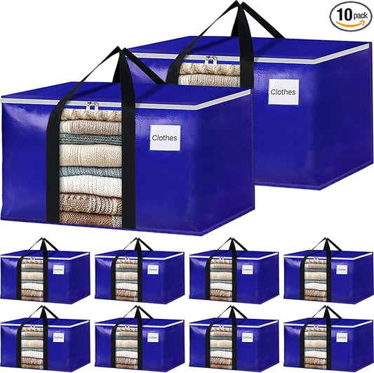 BlissTotes 10 Pack Moving Bags with Clear Window, Storage Bags with Strong Carrying Handles & Zippers,Large Packing Bags for Saving Space, Alternative to Moving Boxes(Blue,33 Gallon)-NeatNest