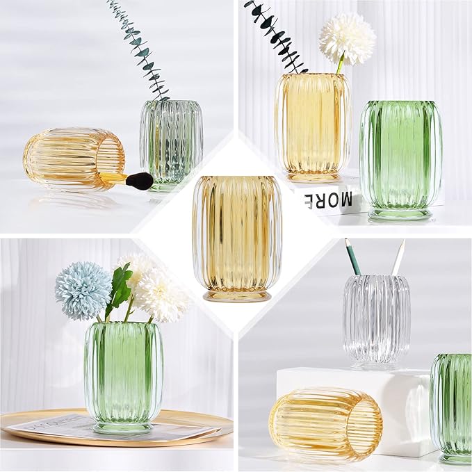 DASITON Makeup Brush holder Organizer,Crystal Cosmetic Makeup Brush Glass Brushes Storage Holder, Vintage Make Up Brush Cup striped vase(Amber)-NeatNest