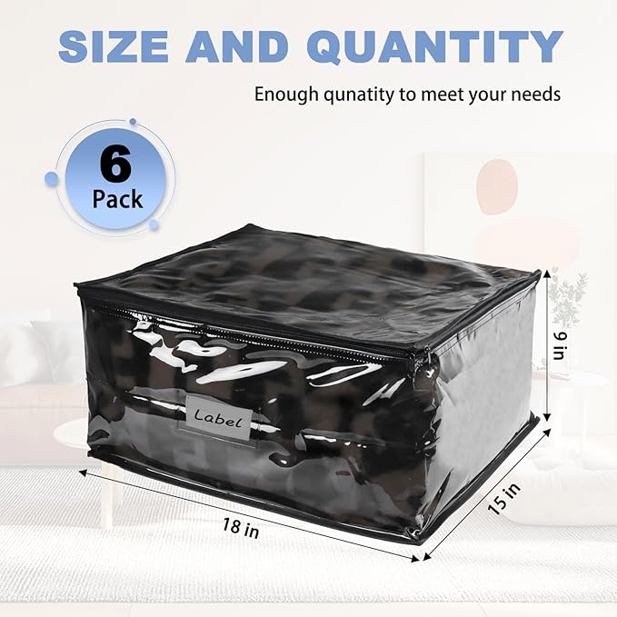 Clear Zippered Storage Bags Plastic Sweater Storage Bags with Zipper 6 Packs Clothing Organizer for Blankets Linen Sweater Bed Sheet Quilt Clothes Pillow (18 x 15 x 9 Inch, Black)-NeatNest