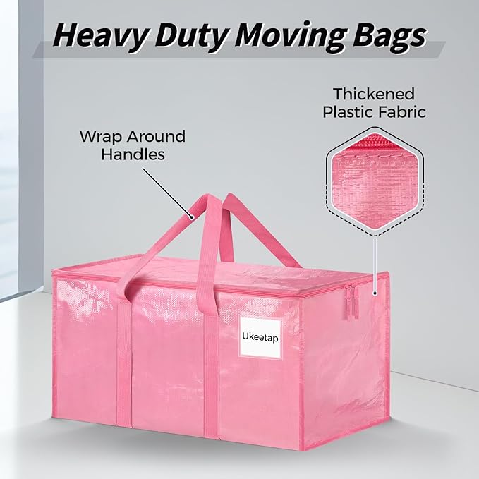 16 Pack Extra Large Heavy Duty Moving Bags, Pink Storage Bins with Lids, Reinforced Handles & Heavy-Duty Zippers Moving Boxes Storage Bags Totes for Clothes Packing, Dorms, College Supplies, Pink