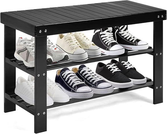 Giantex Entryway Shoe Bench, Bamboo Shoe Shelf Organizer Holds up to 6 Pairs, 3-Tier Black Shoe Storage Rack Heels, Slippers for Entry, Living Room, Bathroom (Black)