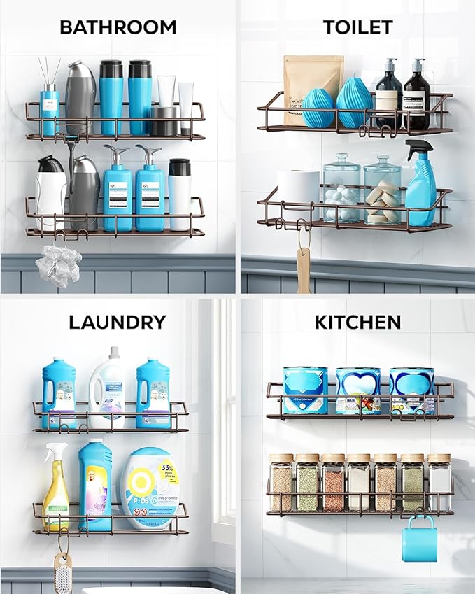 Nieifi Shower Caddy Shelf Storage Rack Adhesive Without Drilling Stainless Steel with Hooks for Washroom, Lavatory, Restroom, Toilet, Bathroom, Kitchen - 2 Pack Bronze-NeatNest