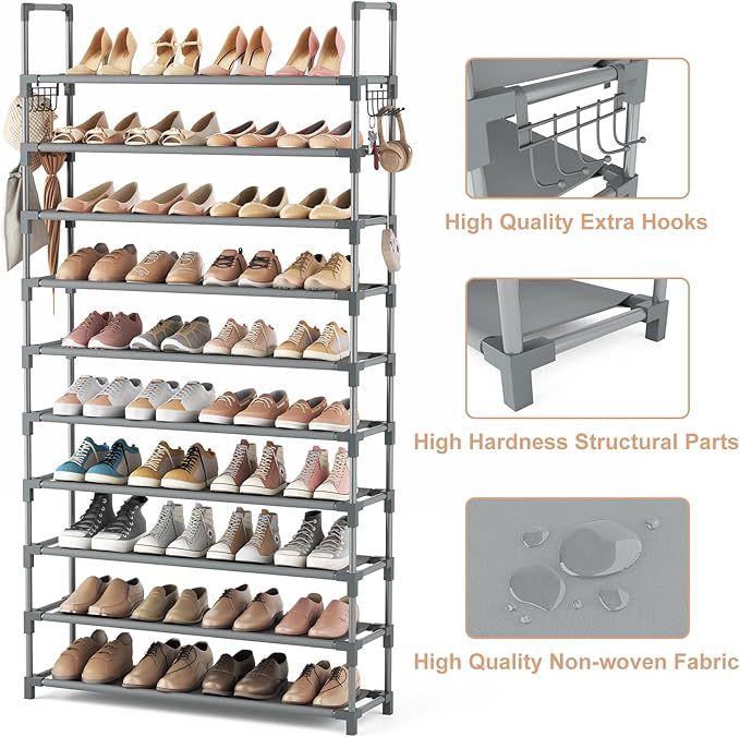 VTRIN 10 Tiers Shoe Rack Tall Large Capacity 50 Pairs Wide Shoe Organizer Sturdy Shoe Shelf for Entryway with Two Hooks Metal Shoe Storage for Closet, Bedroom, Grey-NeatNest