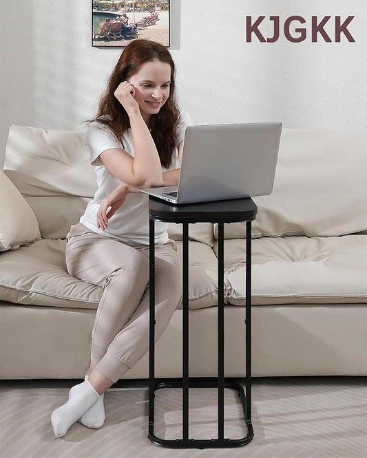 C Shaped End Table, 27 Inches High Small Side Table for Sofa and Bed, Couch Table That Slides Under, Tall Tv Tray Table for Living Room, Bedroom, Metal Frame, Ebony Black-NeatNest