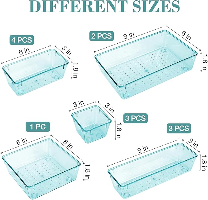 13 PCS Drawer Organizer Set, 5 Varied Size Bathroom and kitchen Drawer cabinet organizer Trays, Clear Storage Bins for Makeup, Jewelry, Utensils and Gadgets-NeatNest