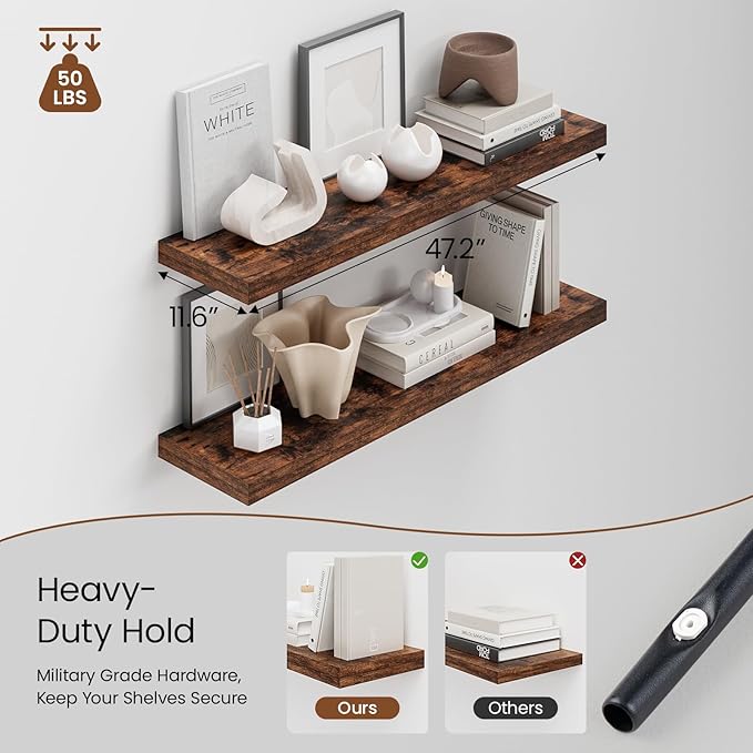 Heimlove 48W x 12D Long Floating Shelf, 12 Inch Deep Floating Shelves for Wall Set of 2, Wood Shelves for Bedroom Living Room Bathroom Kitchen Home Office, Rustic Brown-NeatNest