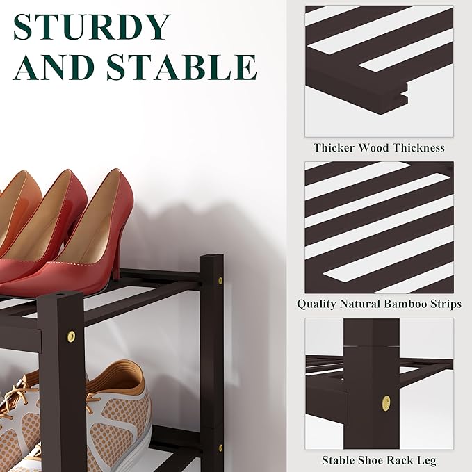 Smiry Shoe Rack, 2 Tier Small Bamboo Shoe Organizer, Stackable Free Standing Wooden Shoe Storage Shelf for Closet, Entryway, Front Door Entrance, Brown-NeatNest