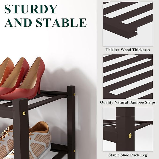 Smiry Shoe Rack, 3 Tier Long Bamboo Shoe Organizer, Stackable Free Standing Wooden Shoe Storage Shelf for Closet, Entryway, Front Door Entrance, Brown-NeatNest
