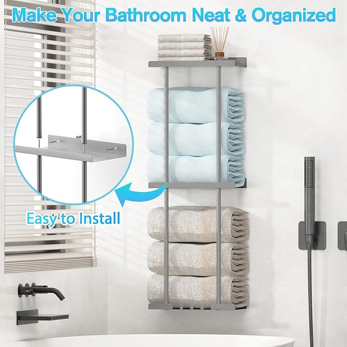 LiuoudTowel Rack for Bathroom, Wall Mounted Vertical Rolled Towel Storage Organizer Holder with Shelf, Holds Up 6 Large Bath Sheets, Silver Grey Large