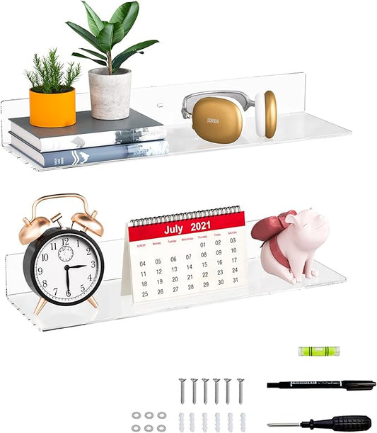 20 Inch Clear Wall Shelves for Wall, Wall Mounted Acrylic Floating Shelf for Plants, Speaker, Radio, Funko Pop, Stuffed Animal, Books, Cosmetics, Toiletries, 2 Pack (20 Inch)-NeatNest