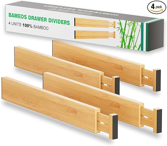 BAMEOS Drawer Dividers kitchen Organization Bamboo Utensil Organizers for Kitchen Bedroom Bathroom Dresser Office 4-pack-NeatNest