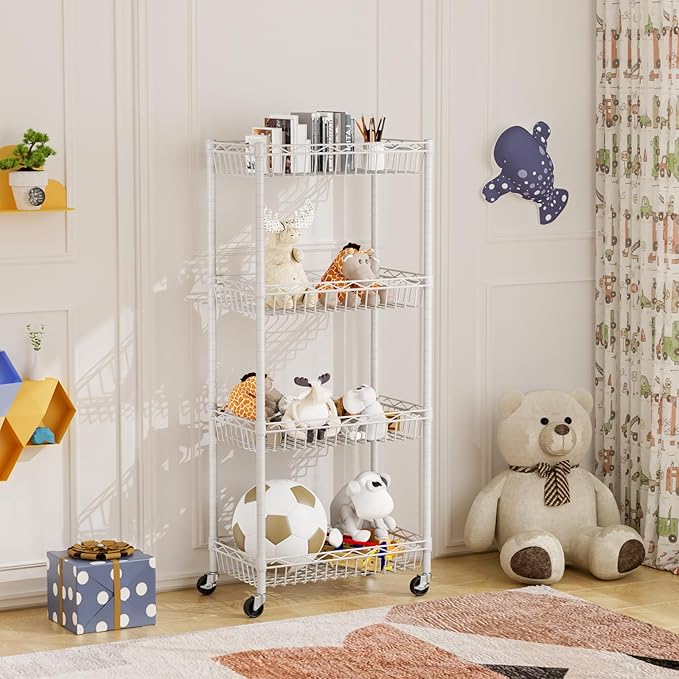 4 Tier Basket Shelf Wire Shelving Unit Adjustable Storage Shelves Big Basket Rack for Garage Kitchen Office Pantry Corner 17.2" Dx12.2 Wx50 H White