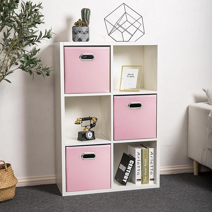 PRANDOM Leather Foldable Cube Storage Bins 11x11 inch [4-Pack] Fabric Storage Baskets Cubes Drawer with Cotton Handles Organizer for Shelves Nursery Closet Bedroom Clothes Pink-NeatNest