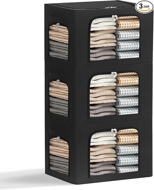 3-Pack Clothes Organizer Bins with Metal Frame, Foldable 40L Linen Storage Boxes with Lids, Clear Windows, Zippers & Durable Handles (Black)-NeatNest