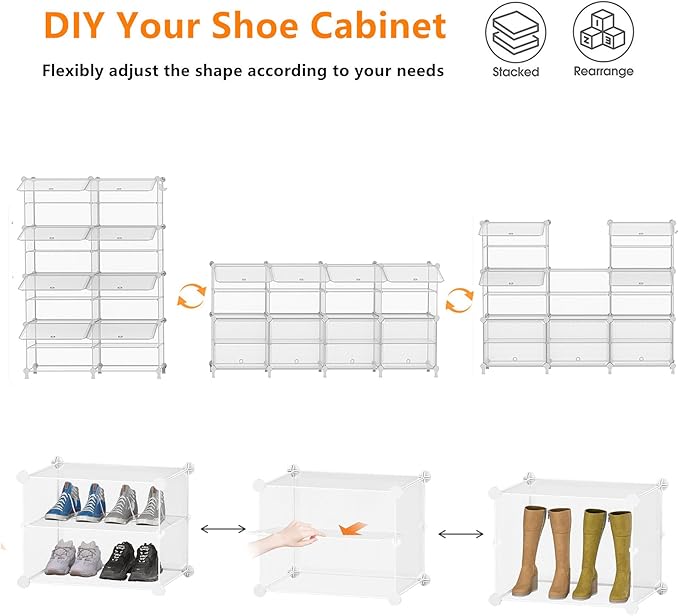 AWTATOS Shoe Rack, 8 Tier Shoe Storage Cabinet with Door, 32 Pair Shoe Organizer Shelves for Closet Hallway Bedroom Entryway, Transparent Twill-NeatNest