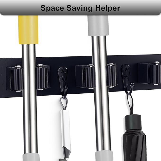 Broom Holder Wall Mount With 5 Slots & 4 Hooks，Rustic Wood Broom & Mop Hanger，Wall Mounted Garden & Garage Tool Storage Organizer Rack for Closet Laundry Room or Kitchen Wall Decor Black-NeatNest