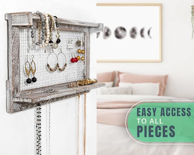 Comfify Rustic Jewelry Organizer – Wall Mounted Jewelry Holder w/Removable Bracelet Rod, Shelf & 16 Hooks – Perfect Earrings, Necklaces & Bracelets Holder – Rustic White-NeatNest
