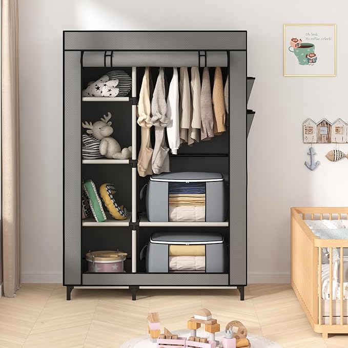 Calmootey Portable Closet, Wardrobe with 6 Shelves and Hanging Rod, Storage Organizer for Bedroom, Non-Woven Fabric Cover with 4 Side Pockets, Includes 2 Storage Bags for Clothes, Grey-NeatNest