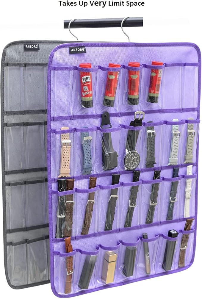 Hanging Watch Band Organizer Watch Bands Straps Accessories Holder Watches Storage Display Case with 28 Clear Pockets (PURPLE)-NeatNest