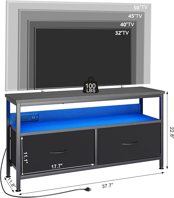 39" Dresser TV Stand for TVs up to 50", Media Console with LED Lights, Charging Station & 2 Drawer Storage Chest, Gaming Entertainment Center with Storage for Bedroom (Black, 39 in)-NeatNest