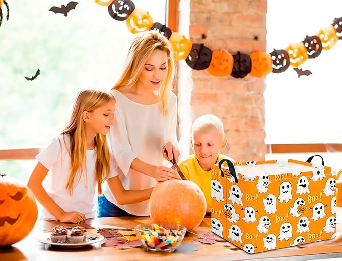 CLOCOR Rectangular Storage Basket Empty, Gift Basket for Halloween, Waterproof Storage Bin with Handles, Room Decor(Boo Ghosts)-NeatNest