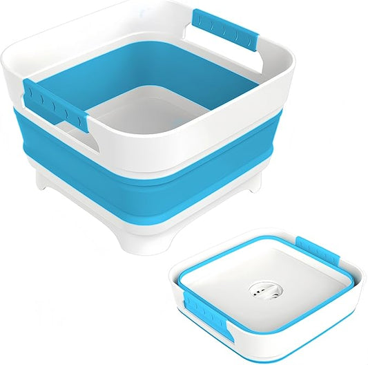 2.4 Gal Collapsbile Wash Basin with Drian Plug,9L Dish Pan for Soaking Baby Bottles,Portable Sink, Multiuse Foldable Bucket,Ice Beverage Tubs for Camping, Vegetable Washing, RV (Blue)-NeatNest