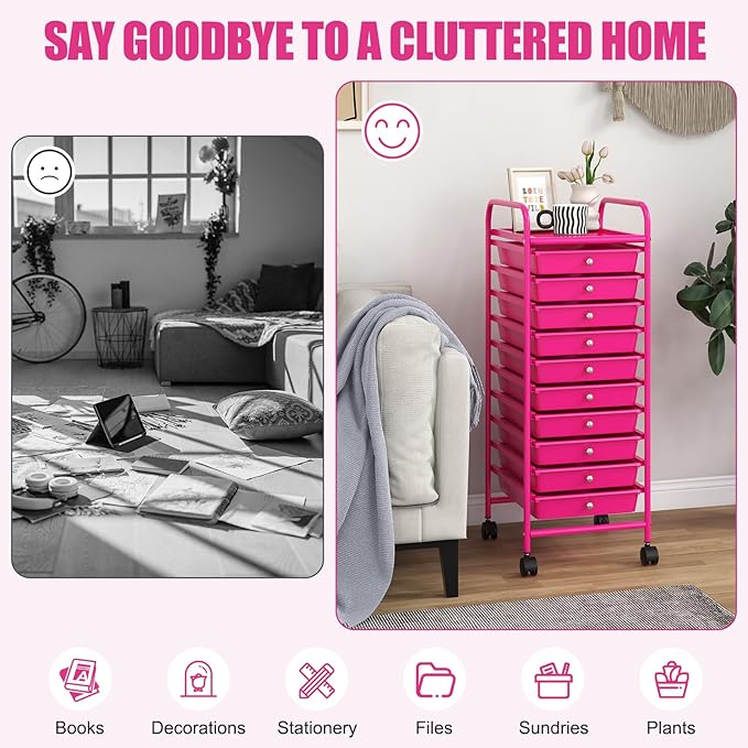 COSTWAY 10-Drawer Rolling Storage Cart, Utility Mobile Trolley with Removable Drawers & Universal Casters & 2 Brakes, Versatile Flexible Drawer Organizer Cart for Home, Office, Hot Pink-NeatNest