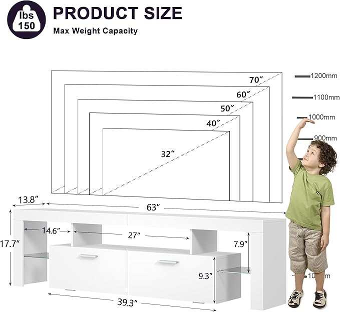Clikuutory Modern Lighting 63 inch TV Stand with Large Storage Drawer for 50 55 60 65 70 75 Inch TVs, TV Console with 20 Color LED Lights, Entertainment Center Media and Open Shelf for Bedroom, White-NeatNest
