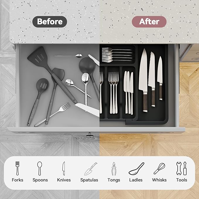 2 Pack Silverware Organizer, Expandable and Adjustable Kitchen Utensil Drawer Organizer, Plastic Cutlery Holder with Multiple Compartments,Cutlery Holder,for Spoons Forks Knives,Black,UAFD012B-NeatNest