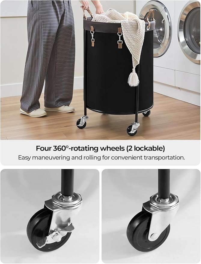 StorageWorks 170L Rolling Laundry Basket, Clothes Hamper with Wheels, Round Clothing Cart with Steel Frame and Removable Bag, 4 Casters and 2 Brakes, Black, 1-Pack