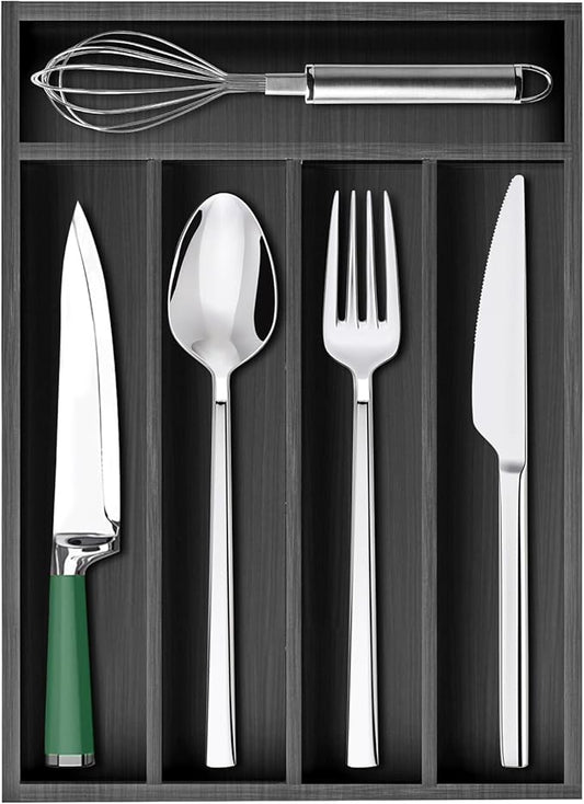Small Silverware Organizer Utensil Tray 13"x9" Kitchen Drawer Organizers and Storage Wooden Utensil Holder Drawers Divider Narrow Black Cutlery Tray for Spoon Forks Bamboo Flatware Cutlery Organizer-NeatNest