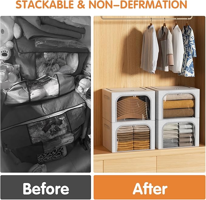 3 Pack Clothes Storage Bins with Metal Frame, Stackable & Foldable Linen Storage Box with Lids, Closet Organizers And Storage For Bedding, Blanket, Sweater, Baby Clothes. (Large 66L)-NeatNest