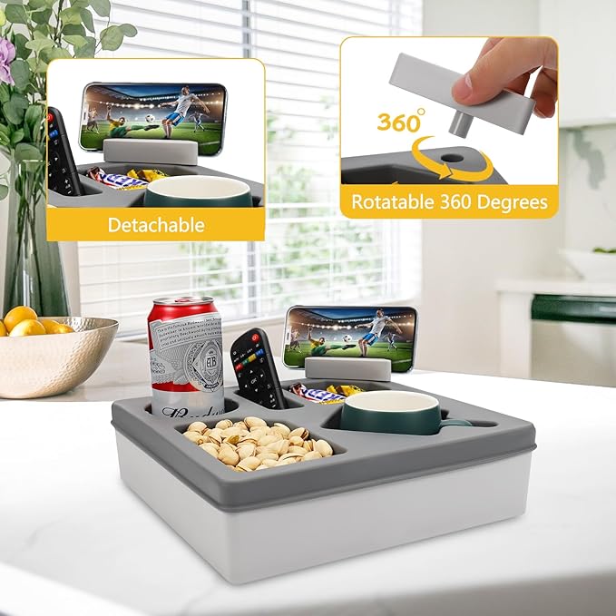 Couch Cup Holder Tray, Silicone Sofa Couch Caddy for Bed Car Seat Beach Organizer, Waterproof Cup Holder with Phone Stand for TV Remote, Snacks, Drinks, Cellphone (Grey)-NeatNest