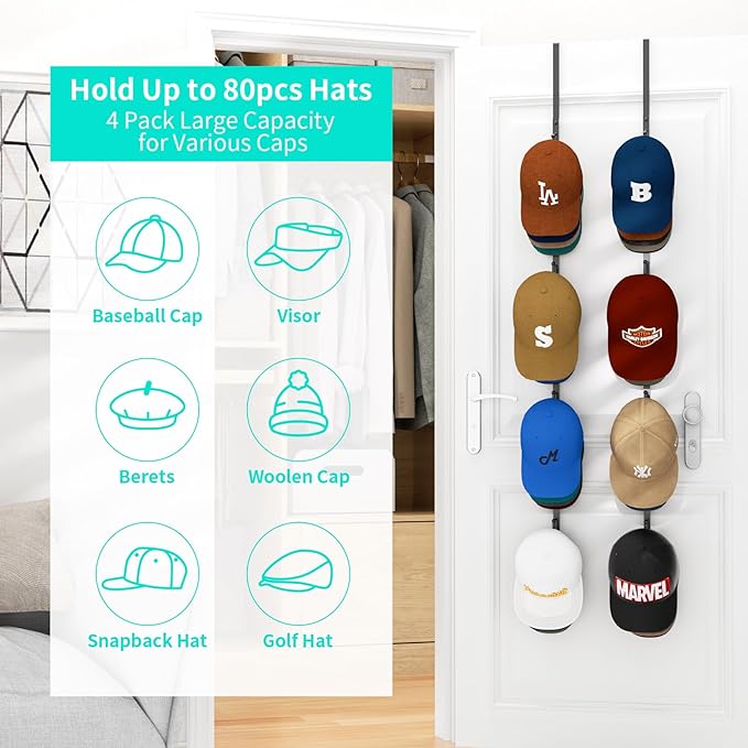 HapiRm Over Door Hat Rack - 4 Packs Metal Hanging Hat Organizer with 16 Hooks Design, Baseball Cap Hanger Organizer Storage Holds up to 80 Caps for Door, Bedroom, Closet-NeatNest