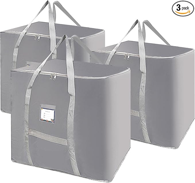 3 Pack Heavy Duty Moving Bags, Large Tote Bags, Space Saving, for Storage & Moving, with Reinforced Handles & Sturdy Zippers (Grey)