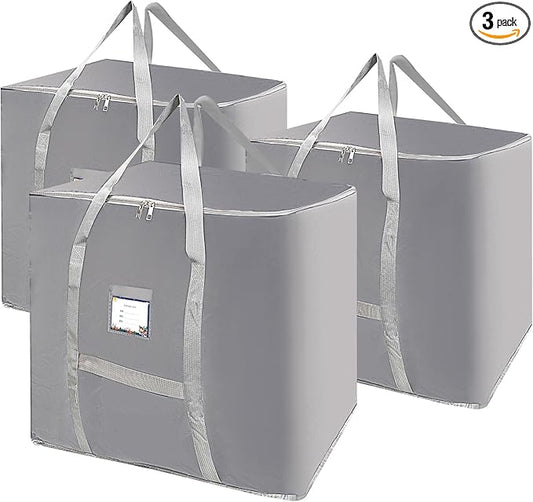 3 Pack Heavy Duty Moving Bags, Large Tote Bags, Space Saving, for Storage & Moving, with Reinforced Handles & Sturdy Zippers (Grey)