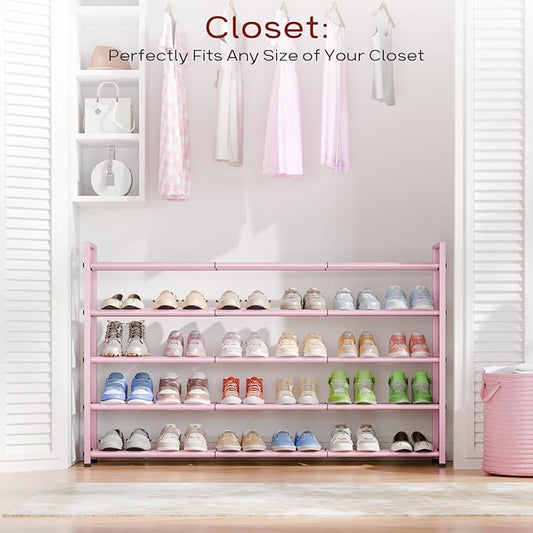 Bumusty 5-Tier Long Expandable Shoe Rack for Closet, 18"-44" Adjustable Shoe Rack for Entryway, 25-30 Pairs Large Shoe Organizer Shelf Storage, Sturdy Metal, Pink-NeatNest