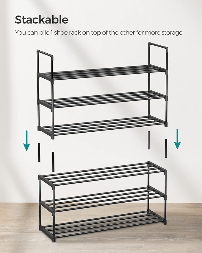 SONGMICS Shoe Rack, 3-Tier Shoe Organizer, Metal Storage Shelf, Upright or Upside Down, for 16-20 Pairs, Stackable, for Entryway, 11.8 x 36.2 x 21.7 Inches, Black ULSA303B02-NeatNest