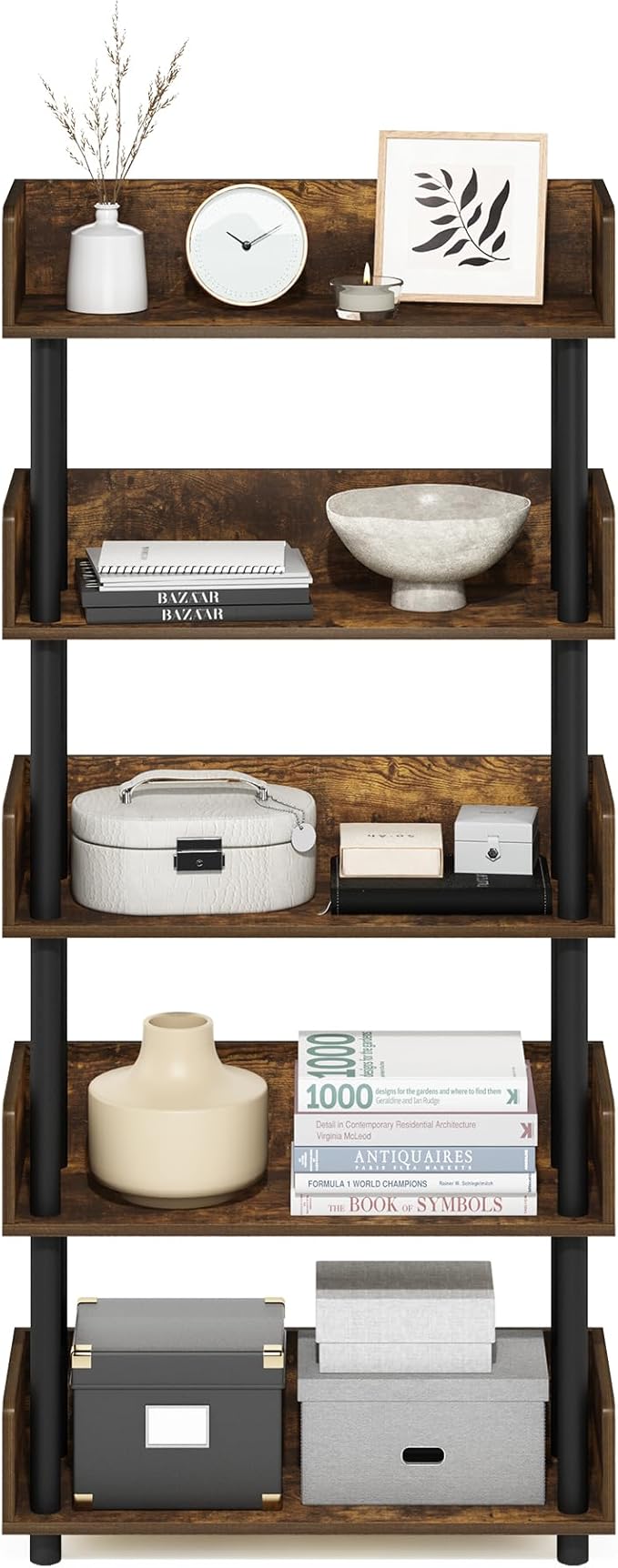 Furinno Turn-N-Tube 5-Tier Multipurposes Display Rack, Open Shelf Rack/Storage with Back & Side Panel, Amber Pine/Black-NeatNest